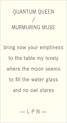  QUANTUM QUEEN  / MURMURING MUSE bring now your emptiness to the table my lovely where the moon seems to fill the water glass and no owl stares — L P N —